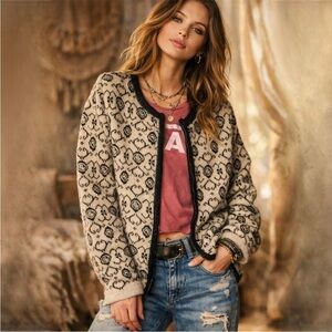 Vtg Neckworks Tan Black Wool Angora Blend Zip Nordic Grandma Sweater Size XL